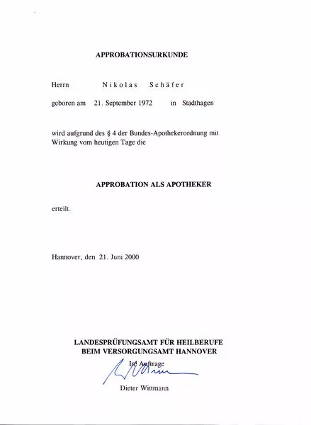 Approbationsurkunde · 21.06.2000